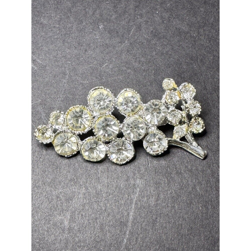 Vintage 1950s Rhinestone Floral Spray Brooch Clear Crystal Silver Tone 2.1”